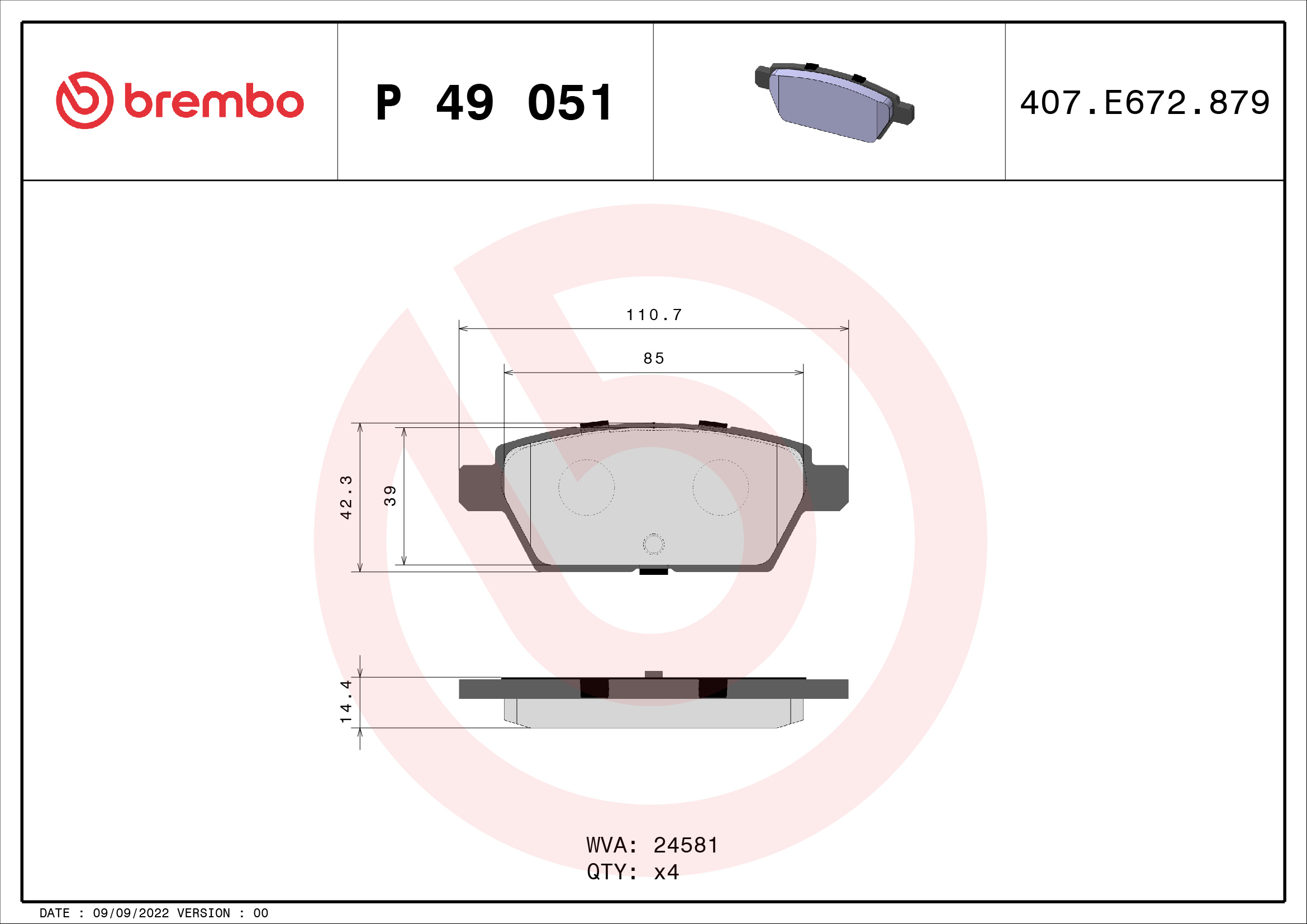 A.B.S. P 49 051 BREMBO Bremsbelagsatz, Scheibenbremse
